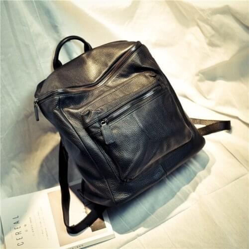 College style unisex genuine leather backpack head layer cowhide large capacity simple casual backpack womens black school bag