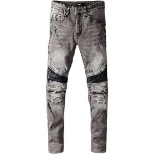 SEVEYFAN 2021 Mens Skinny Ripped Biker Jeans PU Leather Patchwork Zippers Denim Pants for Male
