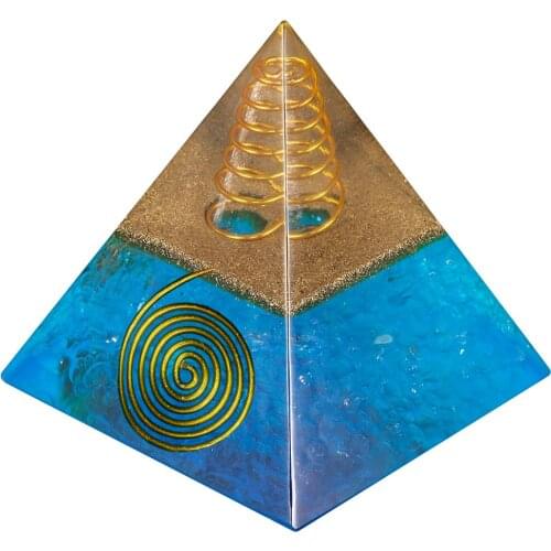 TUMBEELLUWA Healing Crystal Gold Wire Orgone Pyramid Stone Figurine Energy Generator for Meditation Reiki Balancing,Blue Color