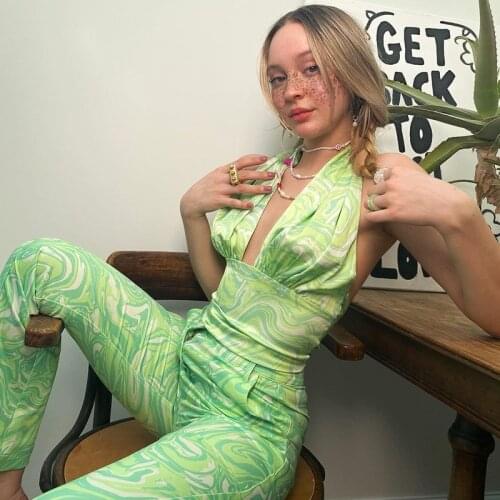 Tie Dye Summer Green Halter Neck Crop Top Women V Neck Backless Beach Green Y2K Patchwork Casual Sleeveless Sexy Tank Tops