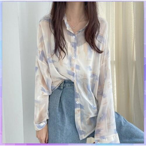 Sexy Casual Long Sleeve Tie Dye T-Shirt Woman T-Shirts Summer 2021 Korean See Through Tops Cardigan button-down Loose Top Ladies