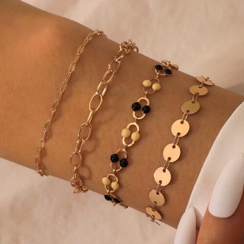 Tocona 4pcs/sets Bohemian Wafer Gold Color Bracelets for Women Charming Hollow Geometric Adjustable Jewelry Accessories 16219