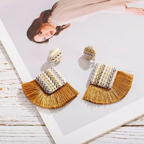 Ethnic Yellow Tassel Fringe Earrings For Women Boho Grid Weave Ladies Earrings 2020 Bohemian Summer Style
