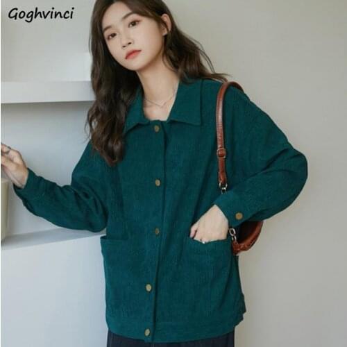 Women Corduroy Basic Jackets Solid Green Single Breasted Vintage Korean Style Trendy Streetwear Designer Female High Quality Hot