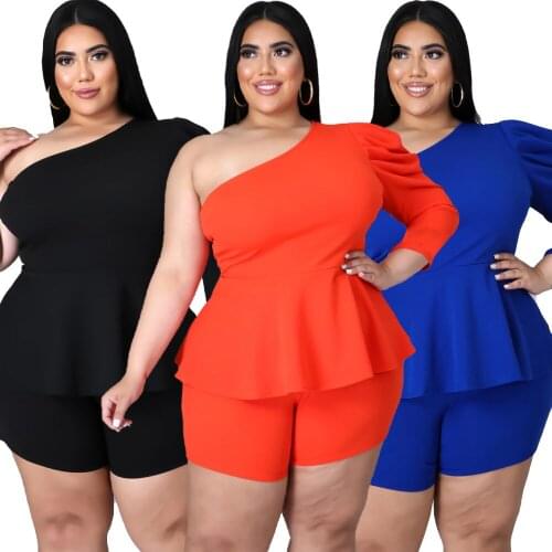 2021 Summer Women Plus Size Slash Neck Two Piece Sets Puff Sleeve One Shoulder Ruffles Tops Skinny Shorts Casual Outfits