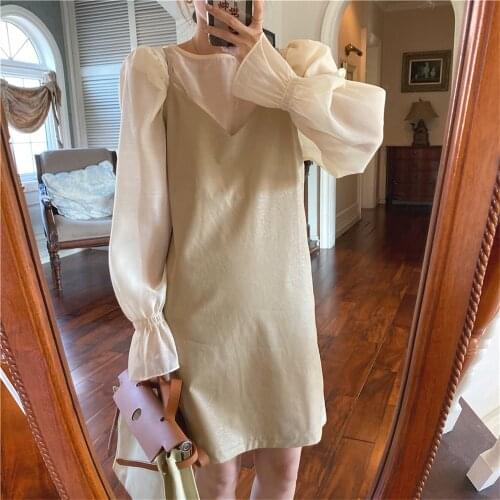 Alien Kitty Chic Elegant Two Piece Sets Flare Sleeves Thin Sexy Shirts 2021 Autumn PU V-neck Slip Mini Dress Office Lady Suits