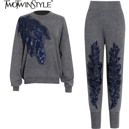 TWOTWINSTYLE Casual Two Piece Set For Women Round Neck Long Sleeve Blouse High Waist Trousers Female Colorblock Suits 2021 Style