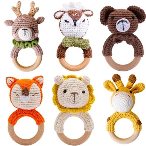 4PC Baby Toys Wooden Teether Crochet Animals Rattle BPA Free Rattle Toy Newborn Amigurumi Teether Baby Rattles Gifts For Newborn
