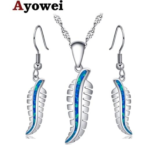 Ayowei wedding gift earrings pendant necklace leaf Silver stamped Blue opal set for women party OS034A