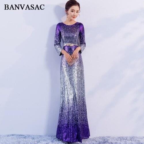 BANVASAC 2018 Elegant O Neck Sequined Mermaid Long Evening Dresses Party Metal Leaf Sash Zipper Back Prom Gowns