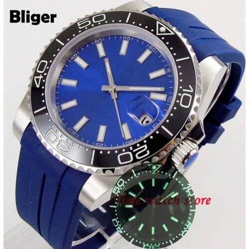 Bliger 40mm Miyota 8215 Automatic mens watch blue sterile dial super luminous black ceramic bezel rubber strap 205