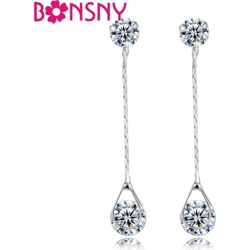 Bonsny Silverstone Teardrop Cubic Zircon Stud Earrings Zirconia Charms Fashion Jewelry For Women Girl Ladies Wedding Accessories