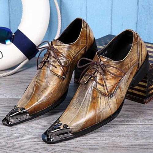 Christia Bella Classic Metal Pointed Toe Male Oxfords Shoes Brown Genuine Leather Men Party Dress Brogue Shoes Man Lacp Up Shoes