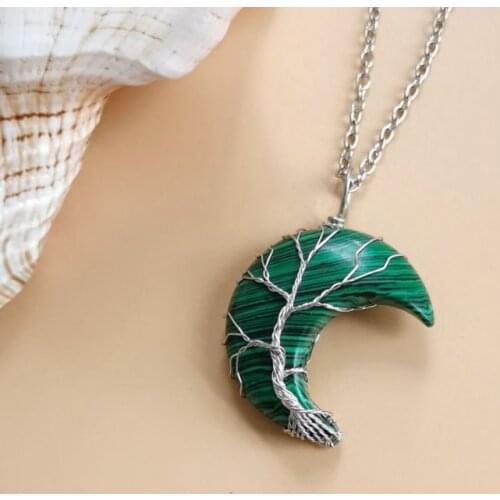 FYJS Unique Silver Plated Wire Wrap Crescent Moon Malachite Stone Pendant Link Chain Necklace Blue Turquoises Jewelry