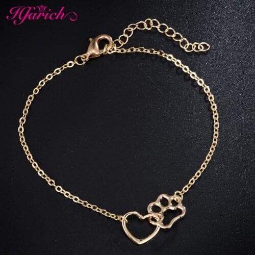 Hfarich Paw Dog Cat Print and Heart Charm Bracelet Anklet Tiny Minimal Bracelet Dog lover Cat Lover Jewlry Gifts Dainty Pulsera