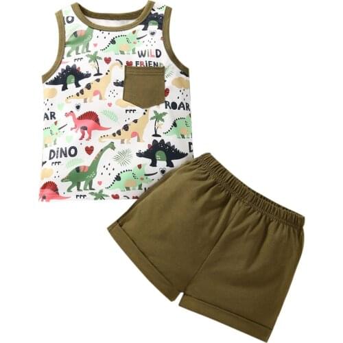 2Pcs Baby Summer Tracksuits, Cartoon Dinosaur Print Sleeveless Vest + Elastic Waist Shorts for Toddler Boys, Girls