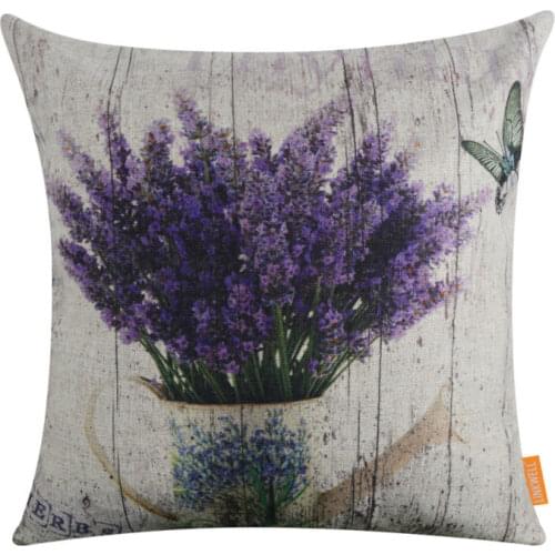 LINKWELL 45x45cm Wood Slat Purple Flower Lavender in Planter Butterfly French Country Style Case Pillow Burlap Cover Cushion