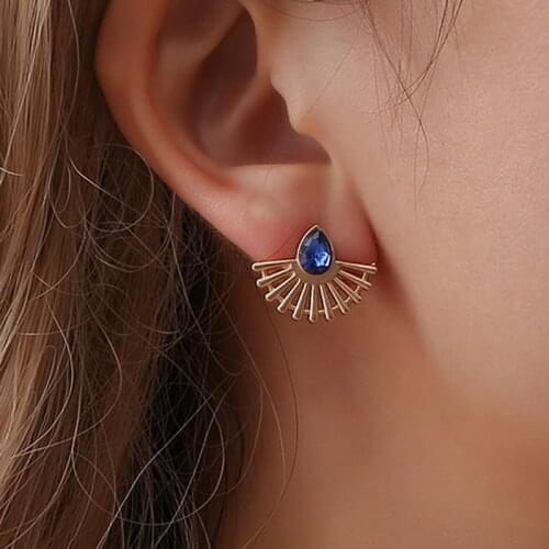 Fashion blue water drop crystal earrings ladies new hollow fan-shaped earrings jewelry