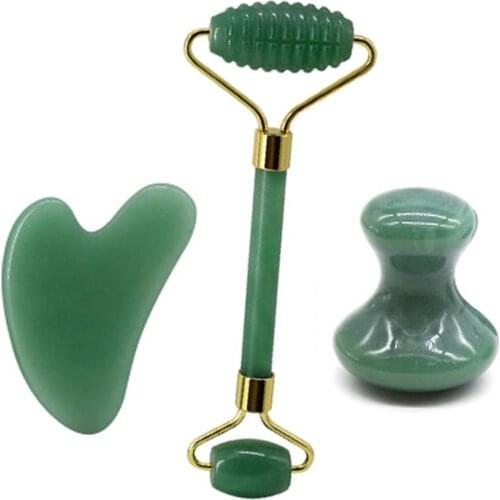 Natural Aventurine Jade Roller Gua Sha Board Face Lift Massage Anti Wrinkle Jade Massager Real Stone Facial Massager Set