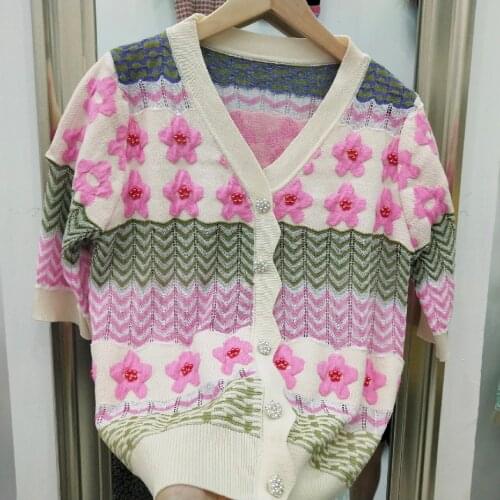 Summer new vinatge small fragrance single breasted pullovers knitted shirt women striped beaded blouse tops