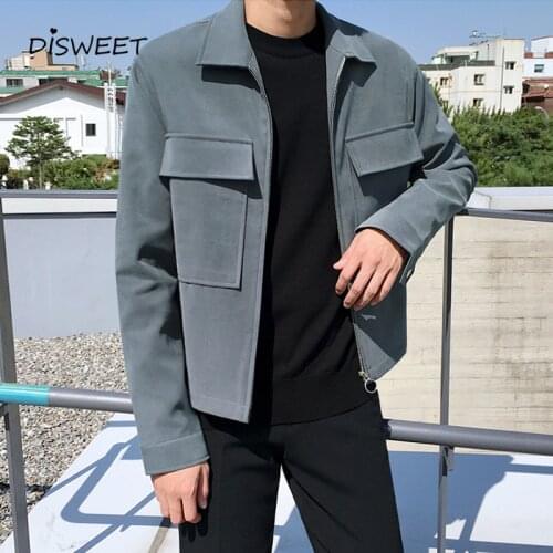 Solid Lapel Jacket Men Korean Long Sleeve Loose Warm Coat Mens Simple Slim Zipper Big Pocket Jacket Boy 2020