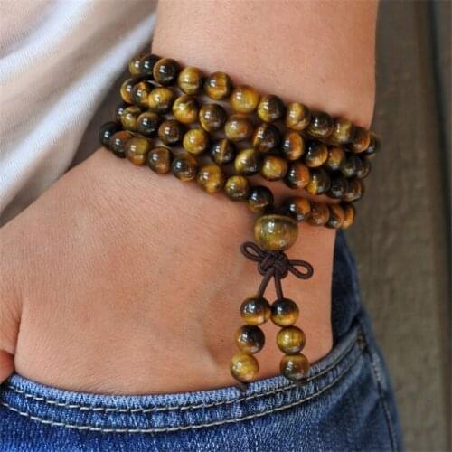 6mm Tiger Eye Protection 108 Beads Handmade Tassel Necklace Tibetan Chakra Religious Meditation Retro Yoga Buddhism Wristband