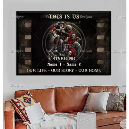 Personalized CustomNames Retro Poster Motorcycle Racing Racer Rider Biker Skeleton Couple Wall Art Prints Home Decor Canvas Gift