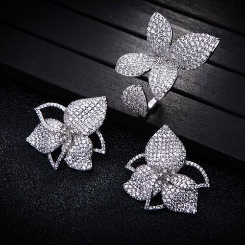 Luxury Flower Earrings Ring Sets Fashion Dubai Bridal Jewelry Sets For Women Wedding brincos para as mulheres