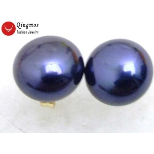 Qingmos 7-8mm Flat Round Natural Freshwater Black Pearl Earring for Women with 14K Solid Gold Stud Earring Jewelry Gold Earrings
