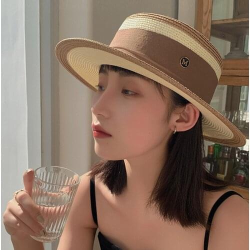 Summer Elegant Retro Women Flat Top Straw Hat Trip Caps Leisure Beach Sun Hats M Letter Breathable Flower Beach Hat