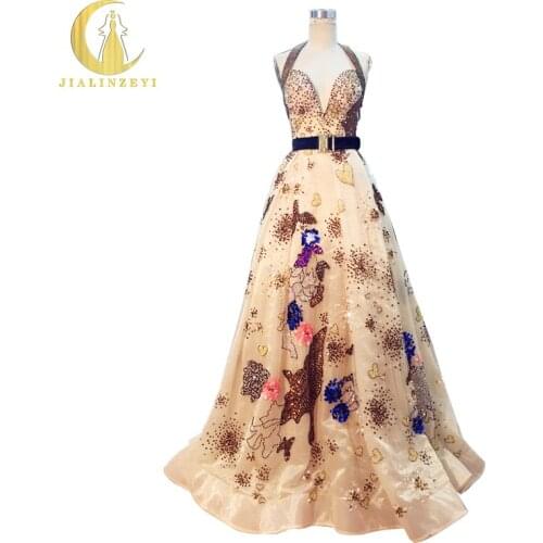 JIALINZEYI Real Sample Image Rhine Sexy Elie Saab Halter Champange Sequins Fashion Sexy Half Backless Fashion Evening Dresses