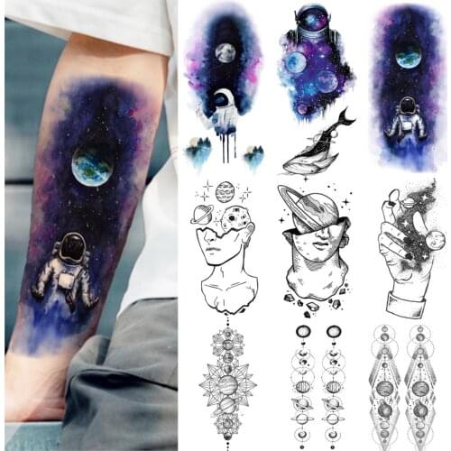 Blue Watercolor Galaxy Astronaut Temporary Tattoos Outer Space Man Body Art Fake Tattoos Stickers Forearm Planets Thinker Tatoos