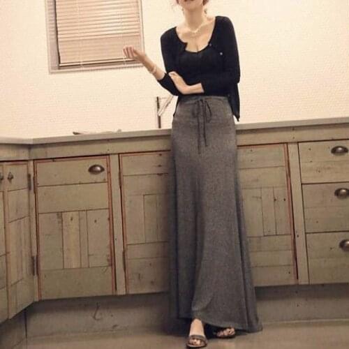 Womens Skirt 2021 Sexy Slit Side Maxi Skirt Casual Women Summer Fashion Large Swing Long Skirt Black Stretchy Solid Lace-Up