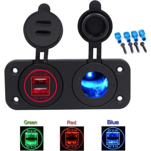 12/24V Red LED 4.2A Cigarette Lighter Dual USB Power Socket Charger Panel Universal For Car Boat Motor