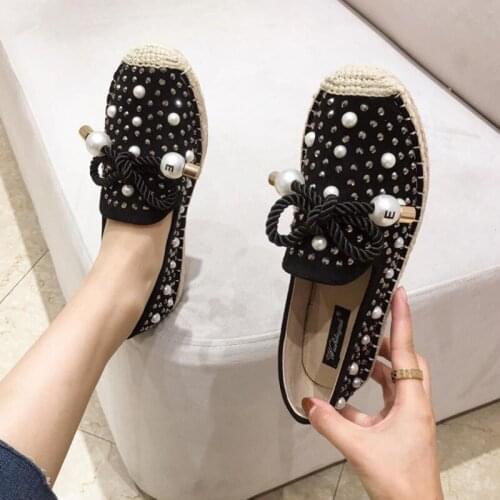 Pearl Bow-knot sneakers women shoes fisherman loafers hemp slip on beads moccasins hot sale crystal espadrilles flats woman 2020