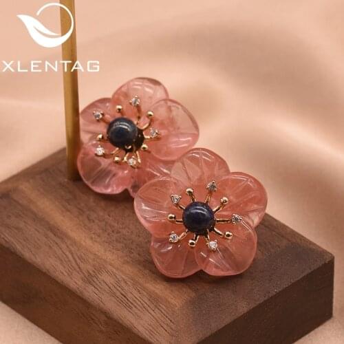 XlentAg Natural Lapis Lazuli Watermelon Crystal Flower Earrings For Women 925 Sterling Silver Stud Earrings Fine Jewelry GE0675