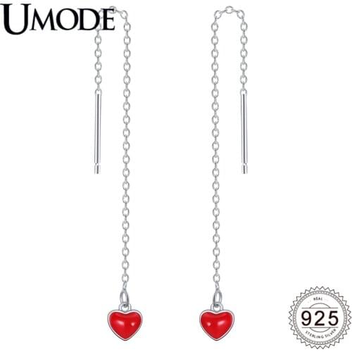 UMODE New 925 Sterling Silver Link Chain Red Heart Drop Earrings for Women White Gold Jewelry Boucle D'oreille ALE0626