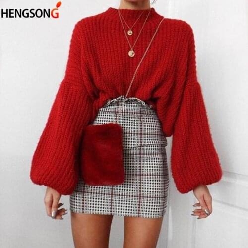 Elegant Lantern Sleeve Red vintage knitted sweater Women Pullovers jumper 2020 Autumn Winter Thick Warm sweaters woman