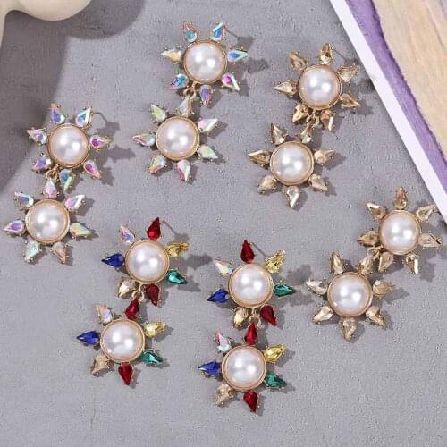 Female Statement Sun Shape Dangle Earrings For Women Trendy White Pearl Multicolor Rhinestone Drop Earring Party Jewelry Gifts