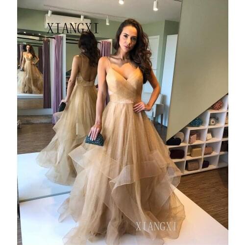 Hot Sale Gold Evening Dress Long Spaghetti Strap Backless abendkleider Vestido de festa Longo Evening Dresses 2020