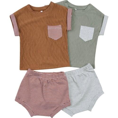 2021 0-24M Casual Infant Baby Clothing Pocket Short Sleeve Loose T-shirt Top+Striped Triangle Shorts Soft Cotton 2pcs Outfits