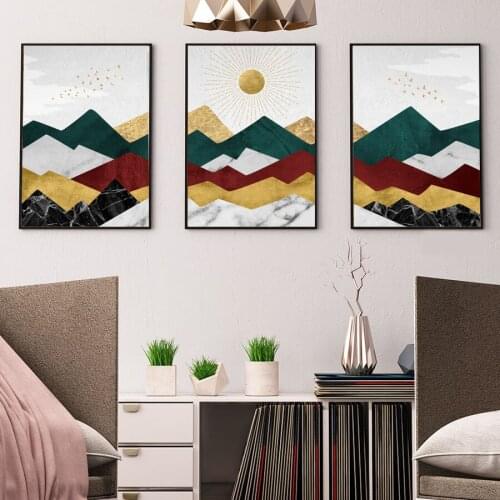 Nordic Abstract Geometric Mountain Landscape Art Canvas Painting Golden Sun Poster and Print Wall Picture for Living Room Decor