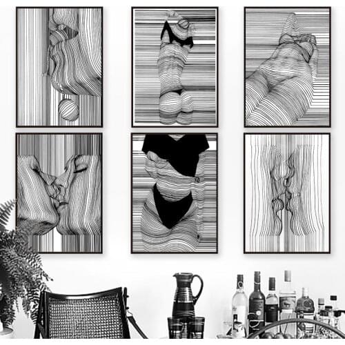 Abstract Posters and Prints Black and White Canvas Wall Art Sketch Line Draw Waves Painting Modern Fashion Home Room Decor