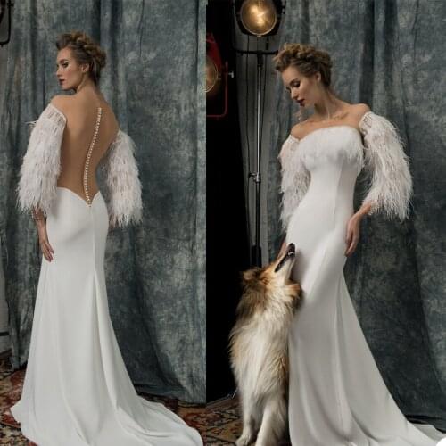 White Prom Dresses Mermaid African Evening Gowns Jewel Beaded Feather Sleeve Modest Formal Party Wedding Robe