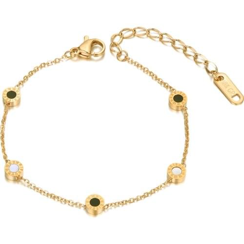 Titanium Steel Bohemia Shell & Acrylic Chain Link Bracelets For Women Girls Trendy Roman Numerals Charm Bracelet B20027