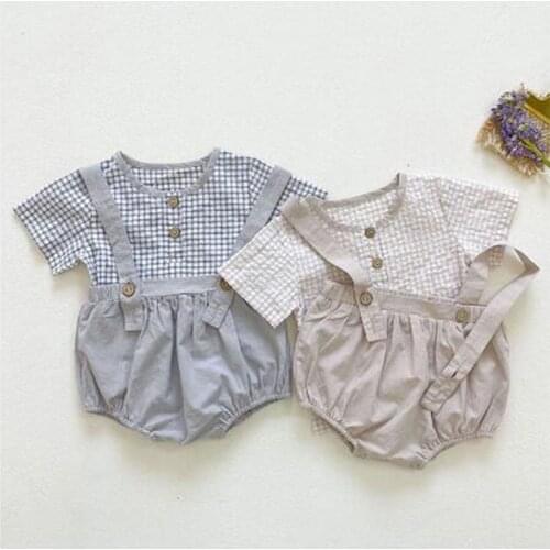 Kids Boy Girl Suit Clothes Summer Infant Baby Boys Girls Grid Short Sleeve T-shirt + Braces Shorts Suit Clothing Sets