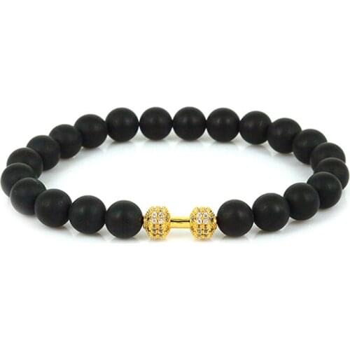 Fitness Barbell Charm Black Onyx Matte Stone Beads Fashion Dumbbell Women Bracelets Men Gift 2019 New Mujer Pulseras
