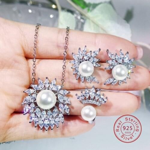 High-end 925 Sterling Silver Necklace Earrings Rings Bridal Jewelry Sets for Women Luxury 5A Zirconia Water Pearl Fine Jewelry