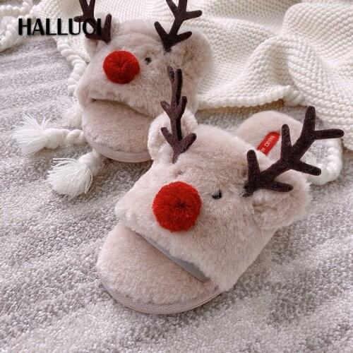 Cute Winter Christmas deer home shoes women slippers Japanese sweet Peep toe seasons flip-flops rubber Bedroom women shoes