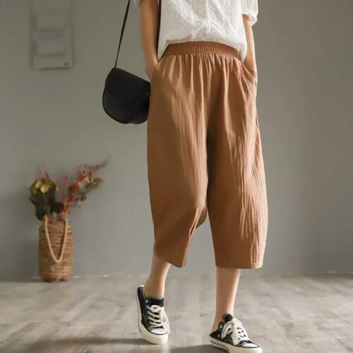 Shimai Cotton Capris Pants For Women Loose Casual Elastic Waist Wide-leg Womens Pants 2021 Summer Fashion Trousers For Female
